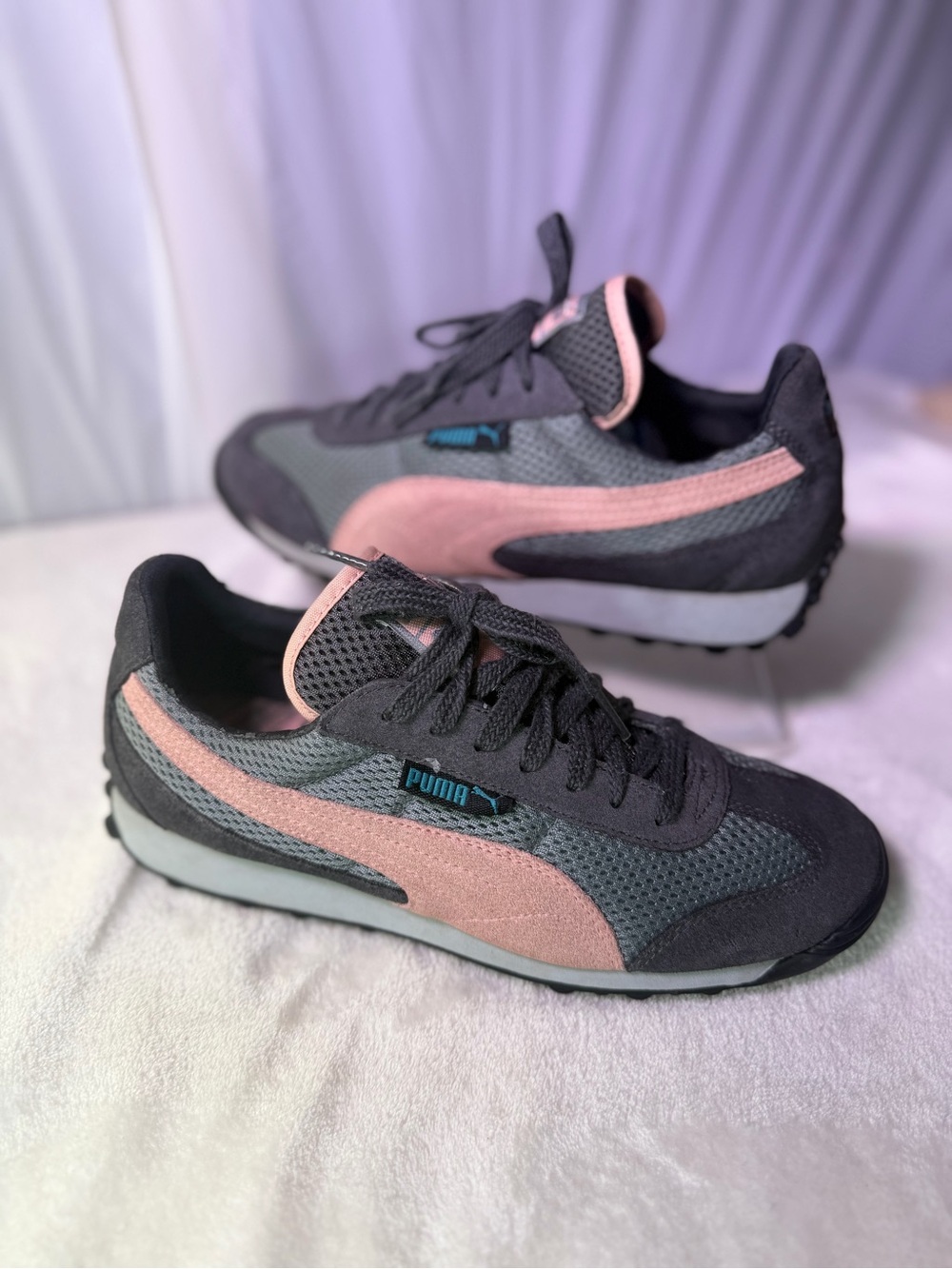 Puma Gray and Pink Women's Retro Runner Sneakers
